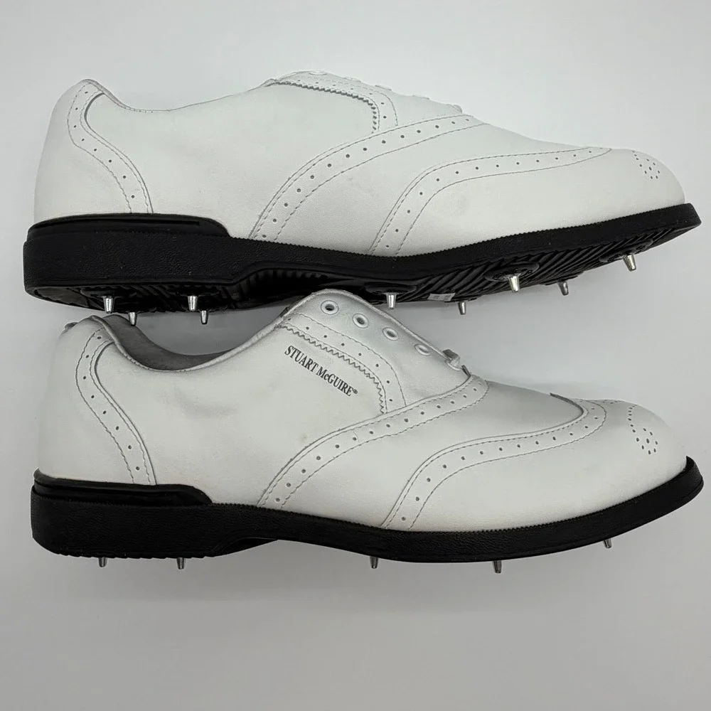Stuart McGuire Mens White Leather Wingtip Golf Shoes Spiked 0712‎ W Size 10.5W